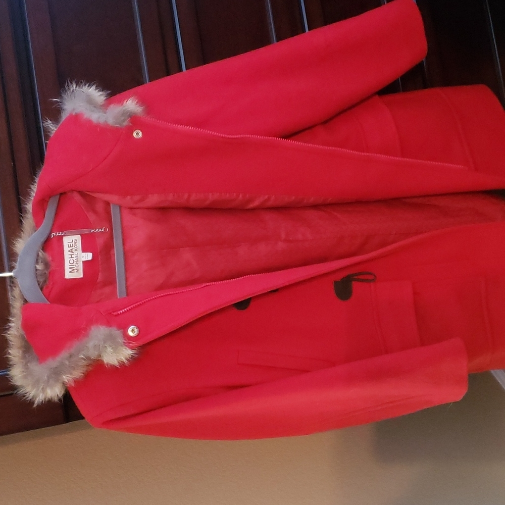 Michael Kors Red Hooded Wool-Blend Coat with Faux Fur Trim